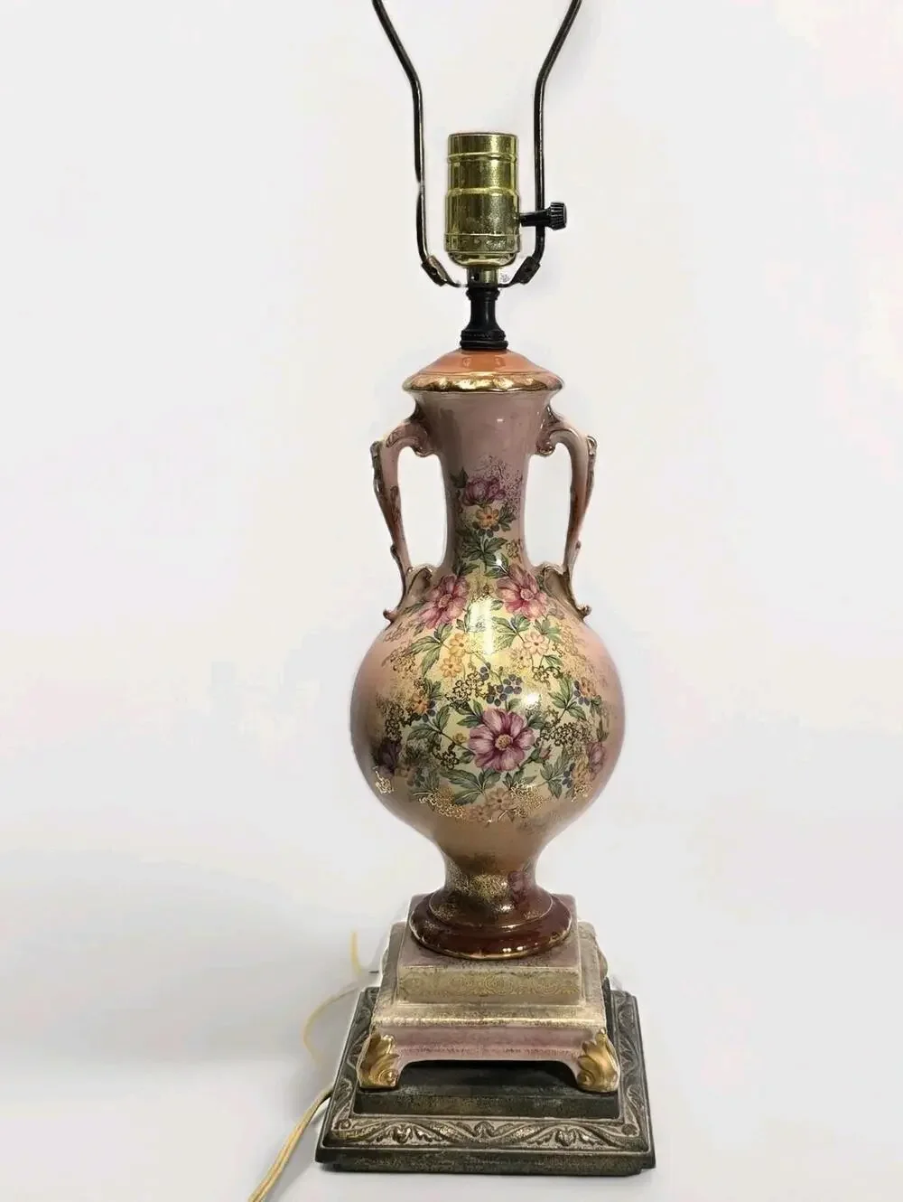Vintage Beckwith China Hand Painted Floral Porcelain Table Lamp Gilt